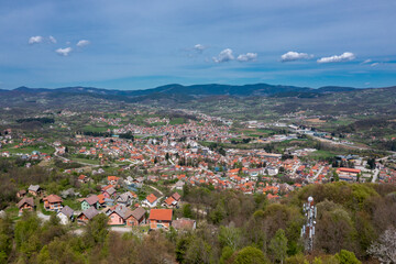 Kosjeric, aerial drone view of town in Serbia