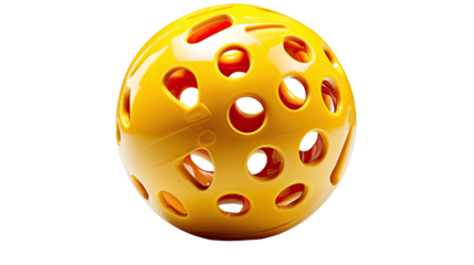 Yellow Ball of Play: A vibrant yellow ball, intricately perforated with circular openings, rests still. The object's bright color and playful design make it an eye-catching visual.