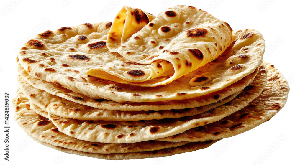 Poster piled flatbreads: a stack of golden-brown flatbreads, each with a lightly textured surface and a tan