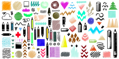 Colorful Doodle Elements and Drawing Tools Collection, a vibrant collection of doodle elements and artistic tools, including various shapes, patterns, and symbols like clouds, arrows, and zigzags