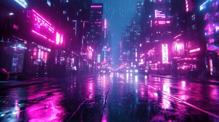 Obraz premium Cyberpunk Cityscape: Neon Rain
