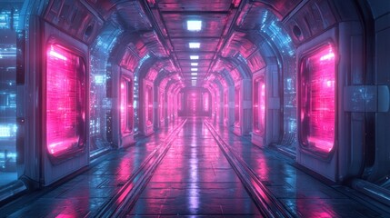 Neon-lit futuristic spaceship corridor, vibrant pink and blue hues