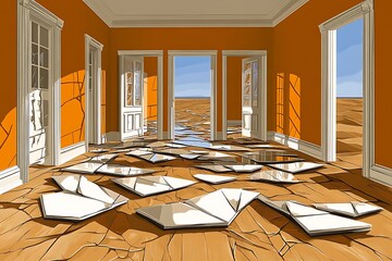 Surreal Roomscape with Shattered Reflections and Desert Horizon View