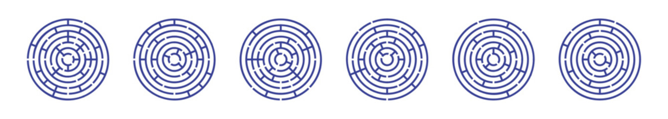 Round maze game labyrinth puzzle. Find way road with line deadlock template. Flat vector illustration isolated on white background.