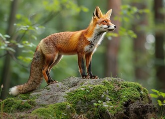 Fototapeta premium A Red Fox Standing on a Mossy Rock in a Forest