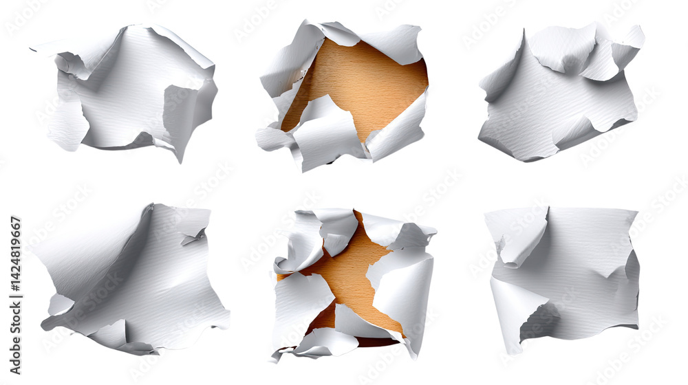 Aufkleber torn paper reveal: a collection of six intricately torn sheets of paper, revealing a glimpse of what