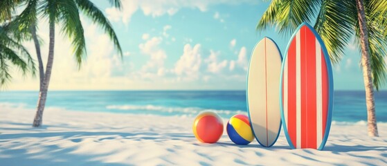 Surfboards with beach balls, and palm trees.