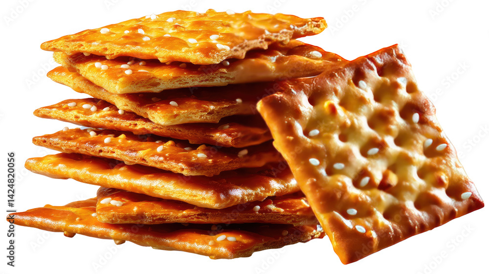 Poster golden cracker stack: a meticulously captured studio shot of a delectable stack of golden, square cr
