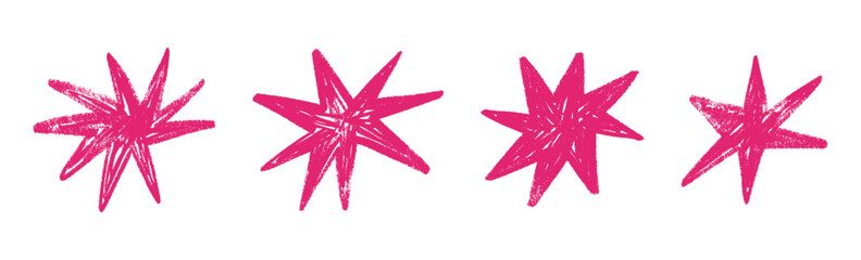 Shape elements, abstract. Graphic pink stars among scribble doodles, color collage. Flat vector illustrations isolated on white background