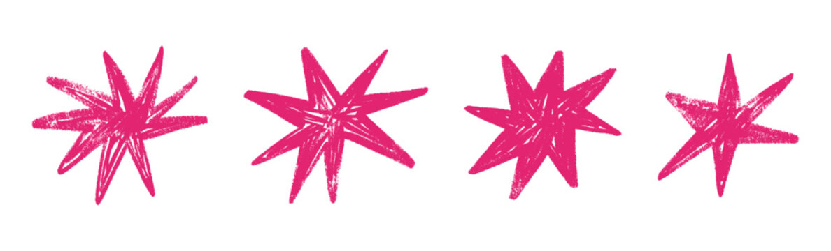 Naklejki Shape elements, abstract. Graphic pink stars among scribble doodles, color collage. Flat vector illustrations isolated on white background