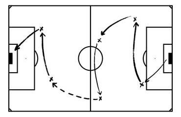 Soccer field scheme tactical play. Coach board with sport arrow game plan. Flat vector illustration isolated on white background. © Viktoria
