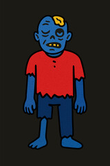 Angry blue zombie in red shirt. Creepy retro style, ideal Halloween character.