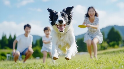Border Collie playing frisbee with family on a sunny day
