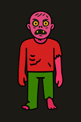 Shocked pink zombie with torn clothes. Retro naive style, spooky Halloween illustration.