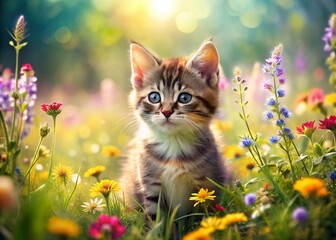 Adorable Kitten Coloring Page Landscape: Playful Feline in Spring Meadow