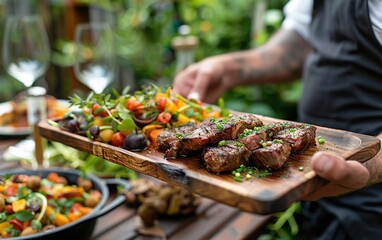 Grilled Steak and Salad on Wooden Serving Board