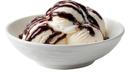 Indulgent Ice Cream Delight: Three scoops of creamy vanilla ice cream are drizzled with rich chocolate sauce, presented in a pristine white bowl, a delectable treat for the senses.
