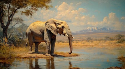 Fototapeta premium African Elephant by the Watering Hole: A Serene Savannah Scene
