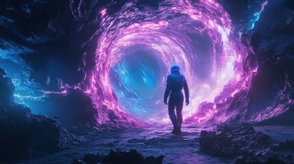 Fototapeta premium Astronaut's Journey Through a Cosmic Vortex: A Digital Painting of an astronaut walking towards a swirling, neon-lit tunnel.