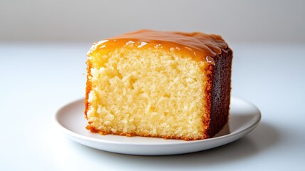 A slice of golden pound cake with caramelized top on a white plate, minimalist setting with soft lighting, and close-up view of dessert.