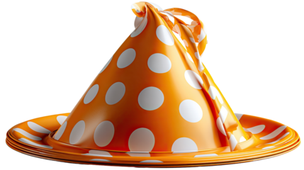 Festive Hat on a Plate: A whimsical, vibrant orange party hat adorned with white polka dots sits atop a matching plate, offering a playful and cheerful visual, perfect for celebrations and events. 