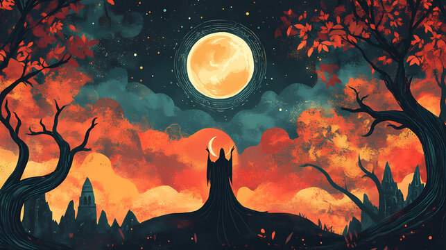 Mystical tarot arcana card illustration with witch sabbath and moon eclipse. scary spiritual and surreal background. Arcana Temple. Illustration