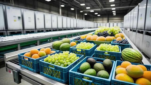 Crates of fresh grapes, melons, and avocados on a conveyor belt, with a backdrop of frost-covered cooling systems in a massive warehouse. created with generative ai