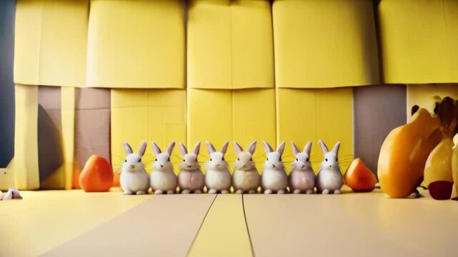 a row of six to eight adorable Easter bunnies, with soft, fluffy fur in shades of white, beige, and pale pink, lined up against created with generative ai