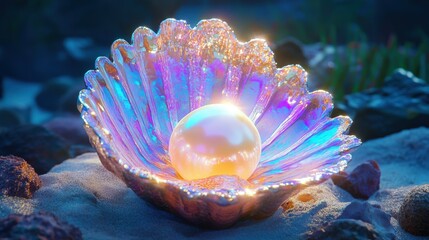 A glowing pearl inside an iridescent clam shell resting on sand
