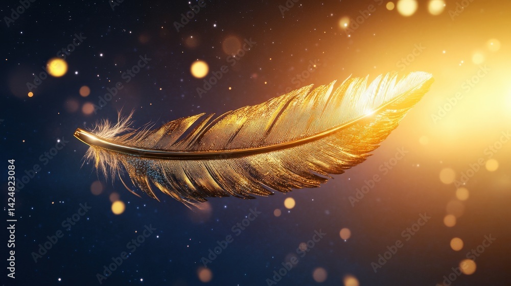 Poster a detailed image showcasing a golden feather in space with bokeh