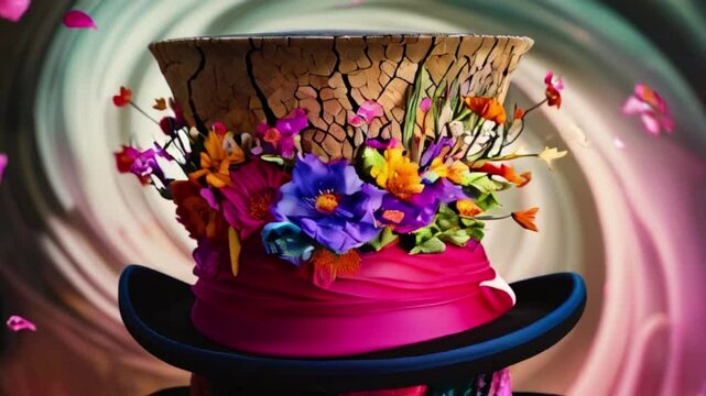 Close-up of a cracked colourful vintage top hat amidst whimsical flowers. Mad hatter vibe background created with generative ai