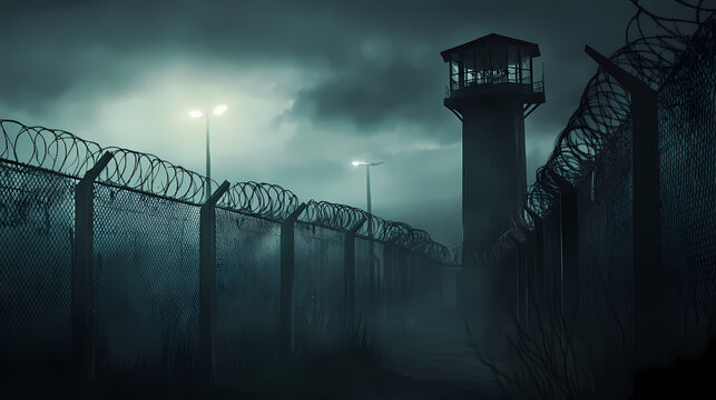 Eerie night scene of a foggy prison yard with guard towers and barbed wire fences. Silent Watchtower. Illustration