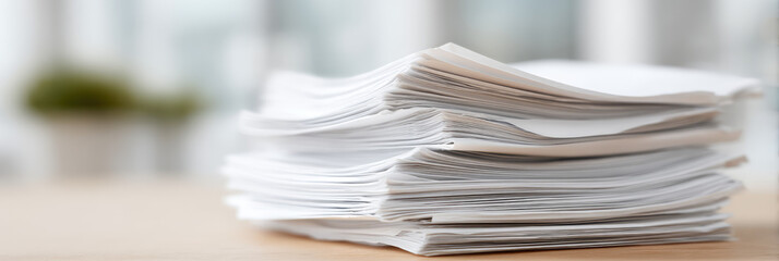 A stack of white paper sheets piled on a desk, organization and office work. 