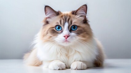 Obraz premium Adorable Ragdoll Kitten Posing, Fluffy Cat, Cute Pet, White Background, Copy Space