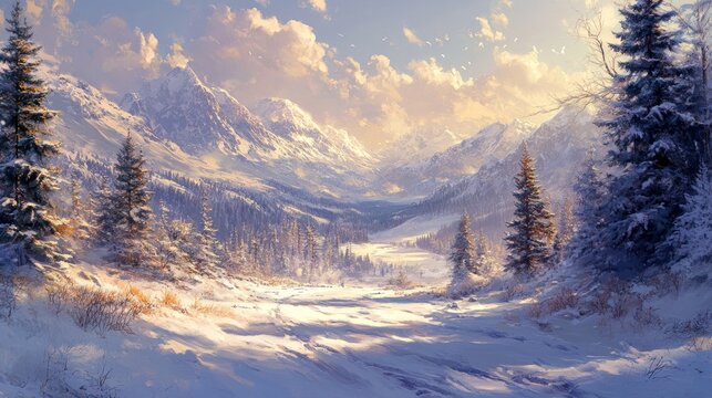 Winter Wonderland: Majestic Mountains and Snowy Path