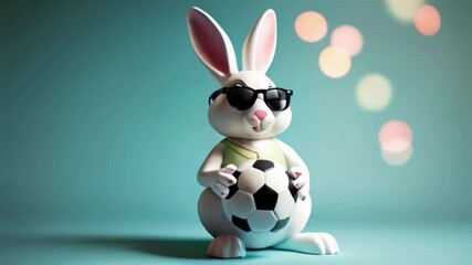 A 3D rabbit of easter with sunglasses holding a soccer ball with one of his paws on a isolated pastel blue background created with generative ai - Powered by Adobe