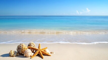 Seashore scene with shells and starfish