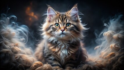 Adorable Siberian Kitten Amidst Mystical Black Smoke, High Depth of Field