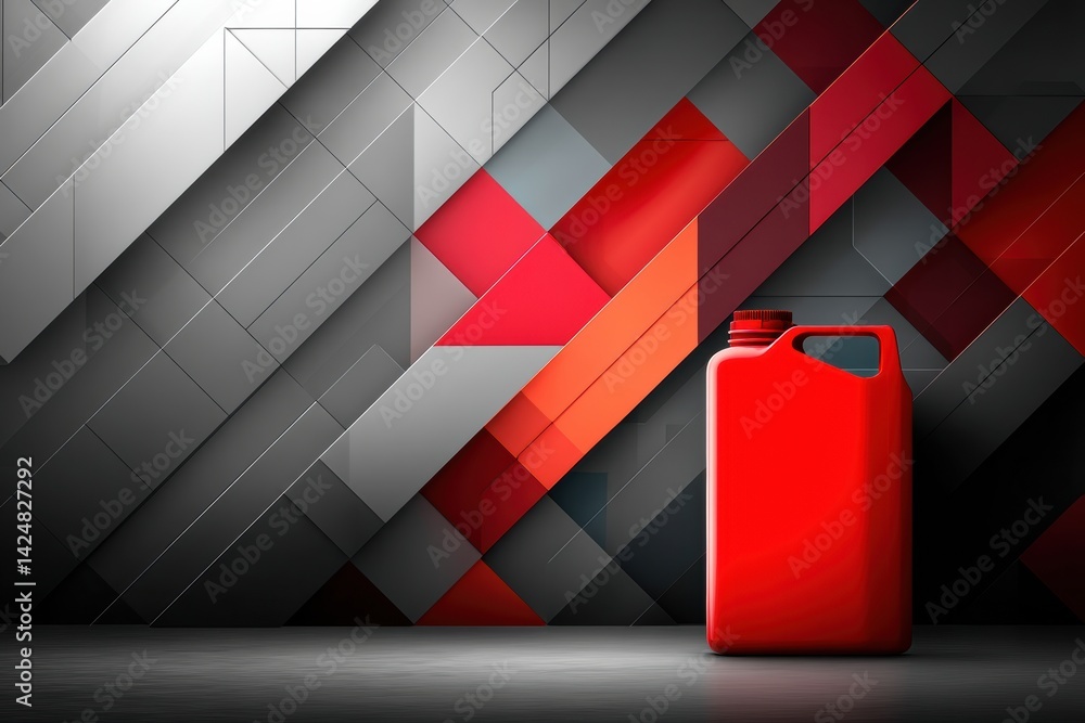 Leinwandbilder bright red jerrycan standing against an abstract geometric background with red and gray tones highli