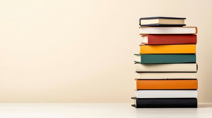 Fototapeta premium Colorful Books Stacked on a White Table Surface