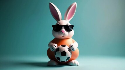 A 3D rabbit of easter with sunglasses holding a soccer ball with one of his paws on a isolated pastel blue background created with generative ai - Powered by Adobe