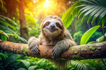 Obraz premium Adorable Smiling Sloth Relaxing on Tree Branch in Lush Rainforest - Panoramic Wildlife Photo
