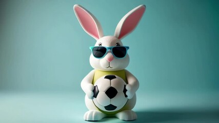 A 3D rabbit of easter with sunglasses holding a soccer ball with one of his paws on a isolated pastel blue background created with generative ai - Powered by Adobe