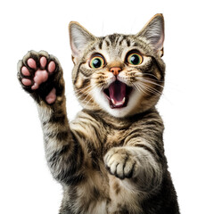 Funny Surprised Tabby Cat with Paws Up – Cute Expression Moment