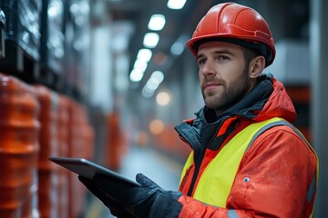 Worker in Safety Gear Using Tablet in Industrial Setting