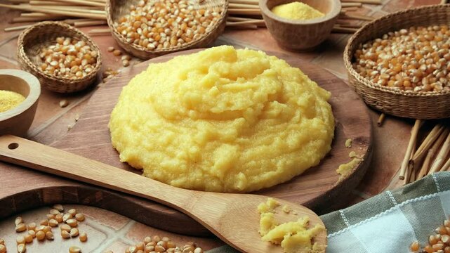 hot polenta in cutting board - closeup