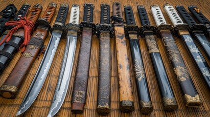 A collection of antique samurai swords with ornate hilts and scabbards, arranged on a tatami mat