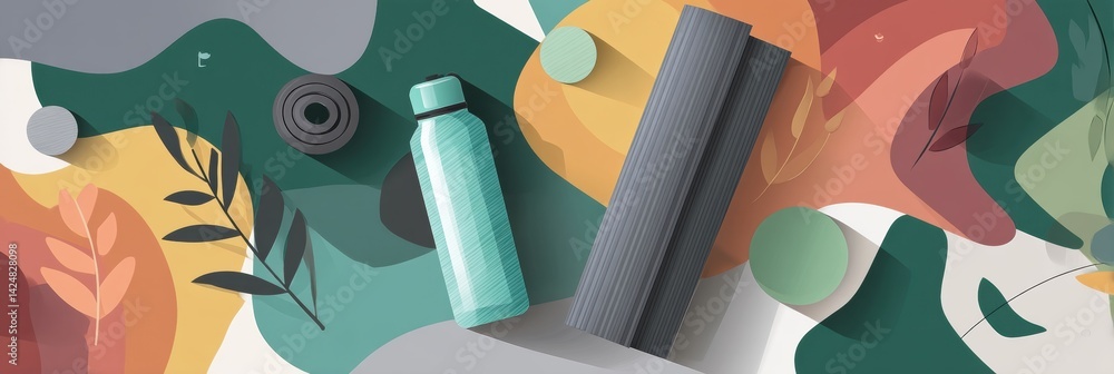 Poster flat design fitness mat and bottle with abstract shapes and colors on a workout surface