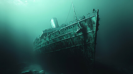 In the cold depths, a daring submarine expedition embarks on a journey to unravel the mysteries of the titanic wreck, exploring its haunting halls illustration generative ai. Titan Hall. Illustration