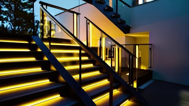 Modern outdoor stair railing with recessed LED strip lighting. Yellow light illuminates glass panels created with generative ai	